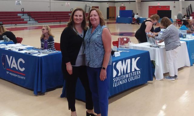  State Rep. Monica Bristow, D-Alton (right) and state Sen. Rachelle Crowe, D-Glen Carbon (left), joined local service providers last week to host a Senior, Veteran and Children’s Service Fair to help connect residents with services and other valuable community resources.